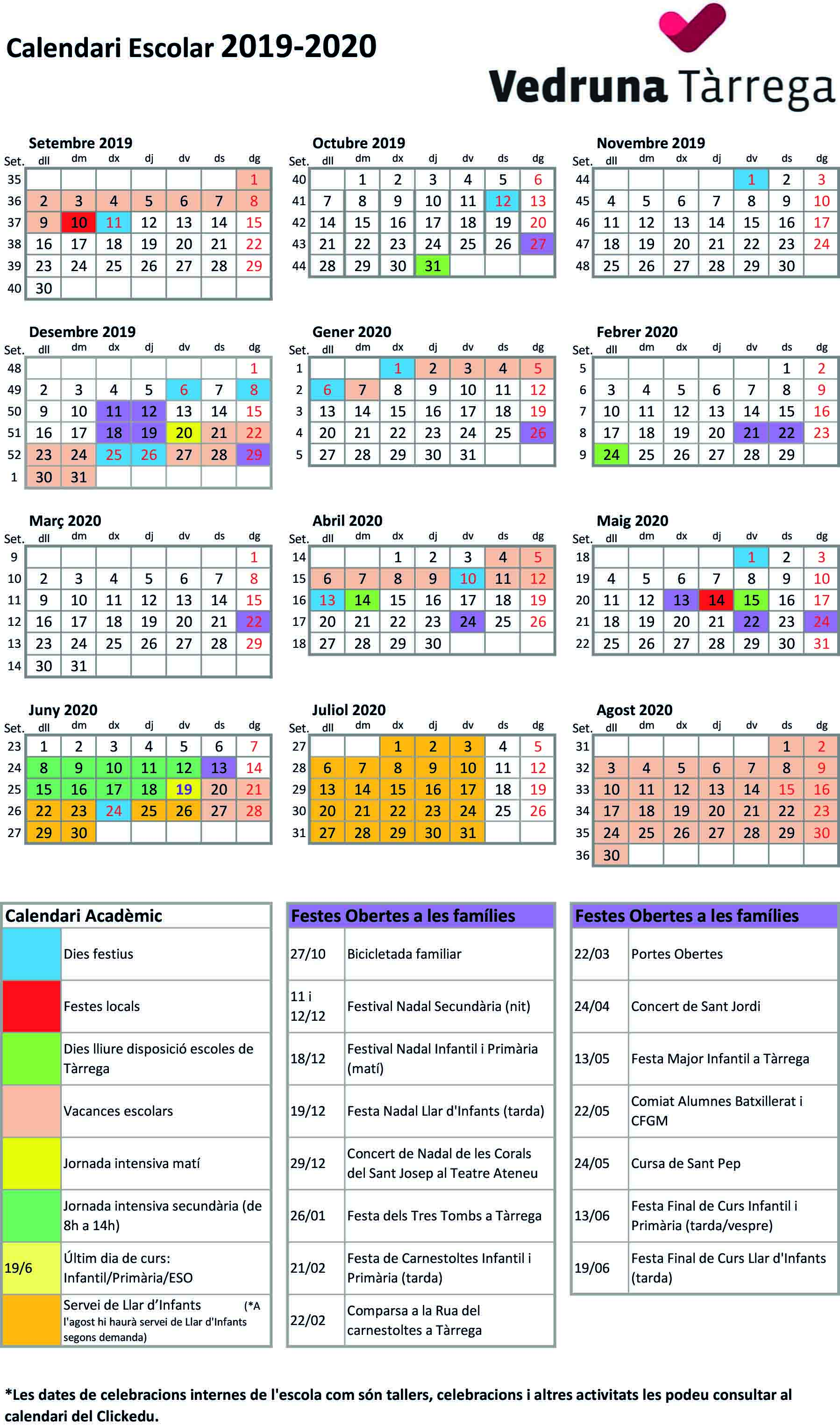 Calendari Curs 2019/2020 - Escola Vedruna Tàrrega